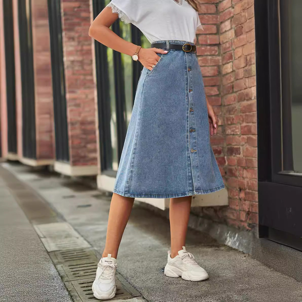 Midi Denim Skirt | High Waist A-Line with Button Front Design 2