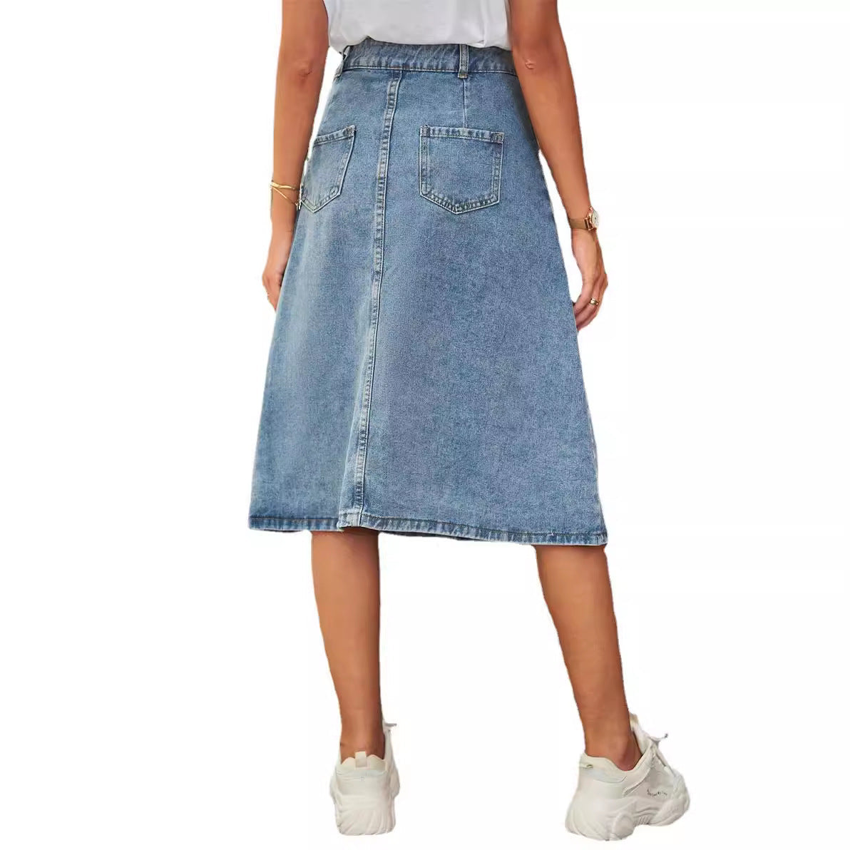 Midi Denim Skirt | High Waist A-Line with Button Front Design 4