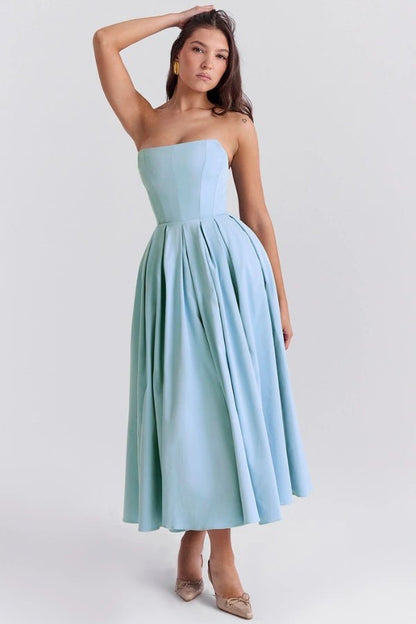 Midi Sundress | Strapless Corseted Bodice with Pleated Skirt 0