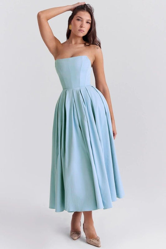 Midi Sundress | Strapless Corseted Bodice with Pleated Skirt 0