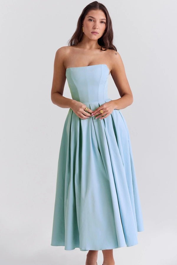Midi Sundress | Strapless Corseted Bodice with Pleated Skirt 1