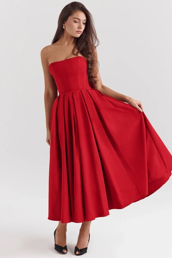 Midi Sundress | Strapless Corseted Bodice with Pleated Skirt 10