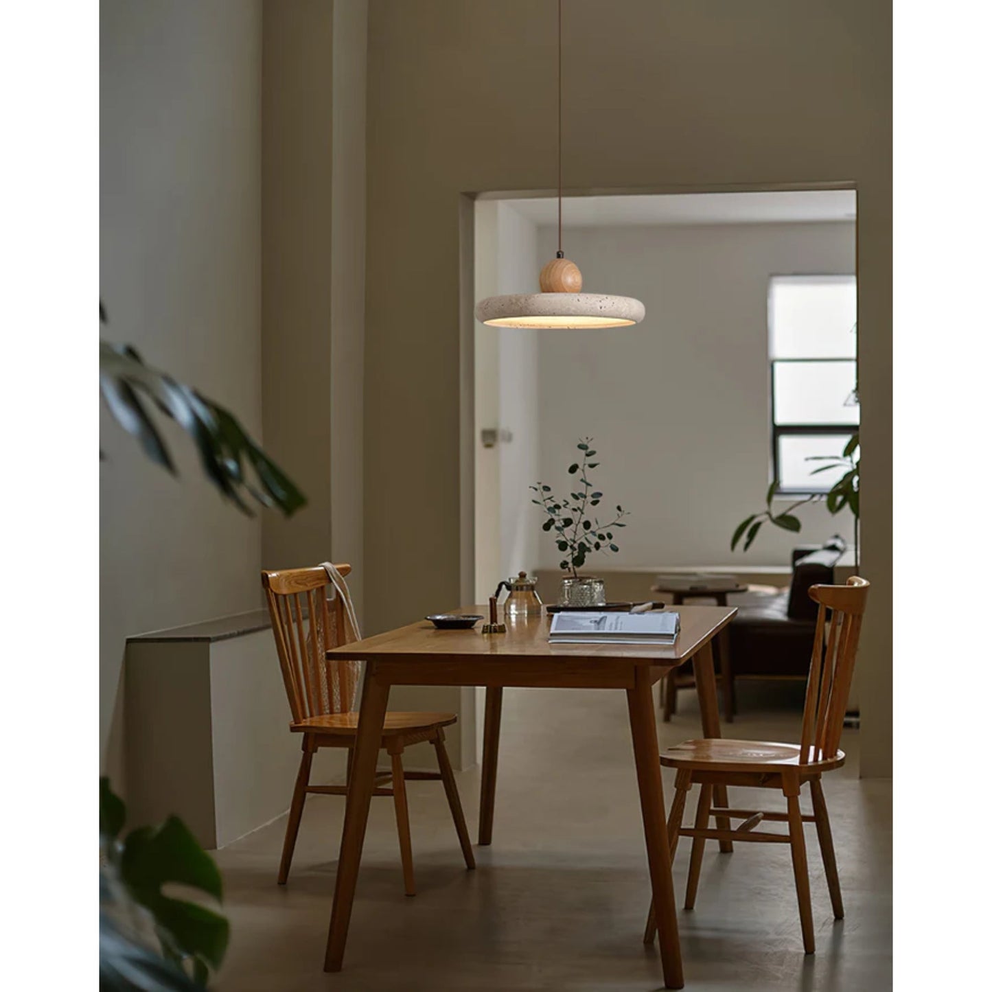 Modern Globe Pendant Light | Natural Travertine and Wood Design 7