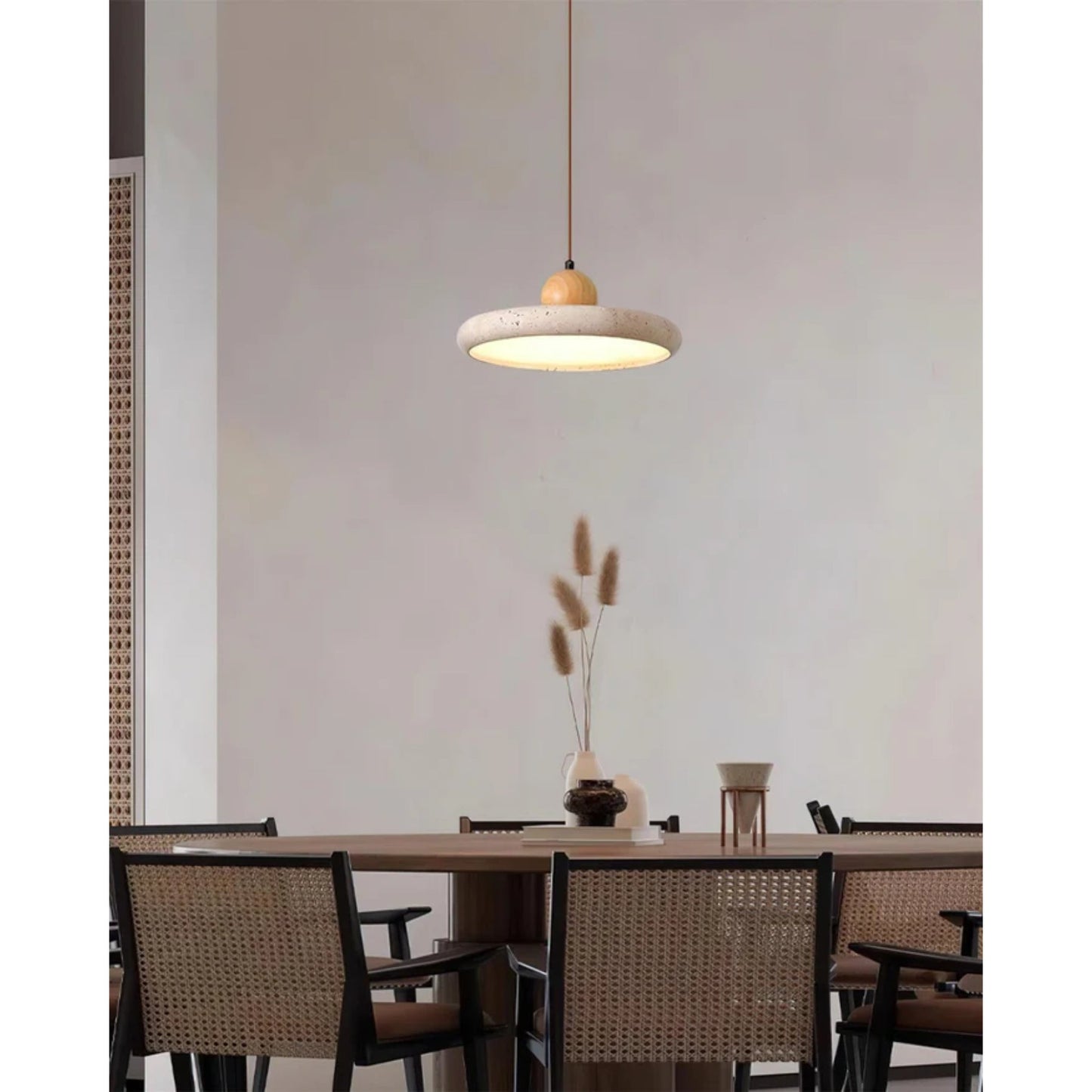 Modern Globe Pendant Light | Natural Travertine and Wood Design 8