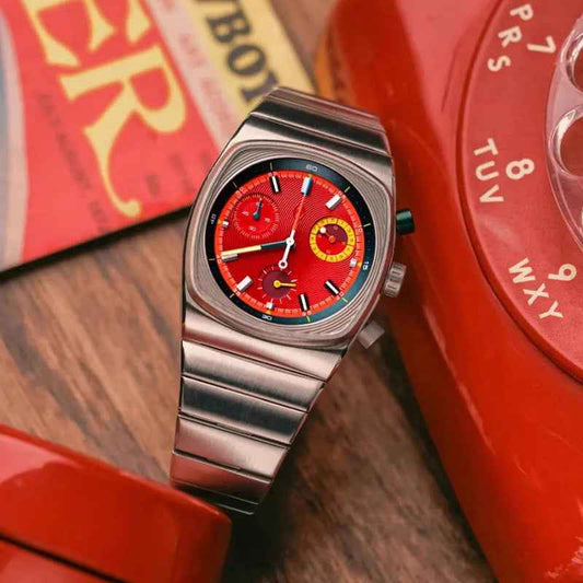 Męski sportowy zegarek mechaniczny - srebrny/czerwony/niebieski stalowy automatyczny