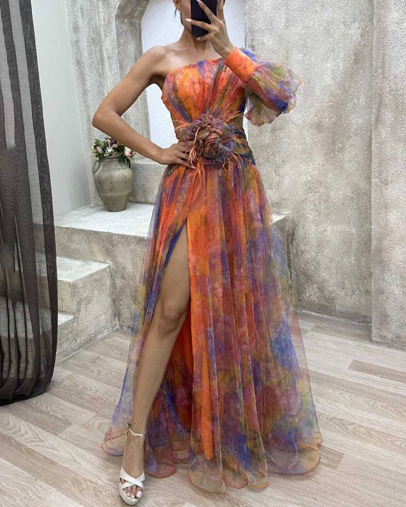 One-Shoulder Evening Gown | Elegant Floral Print Maxi for Formal Events 5