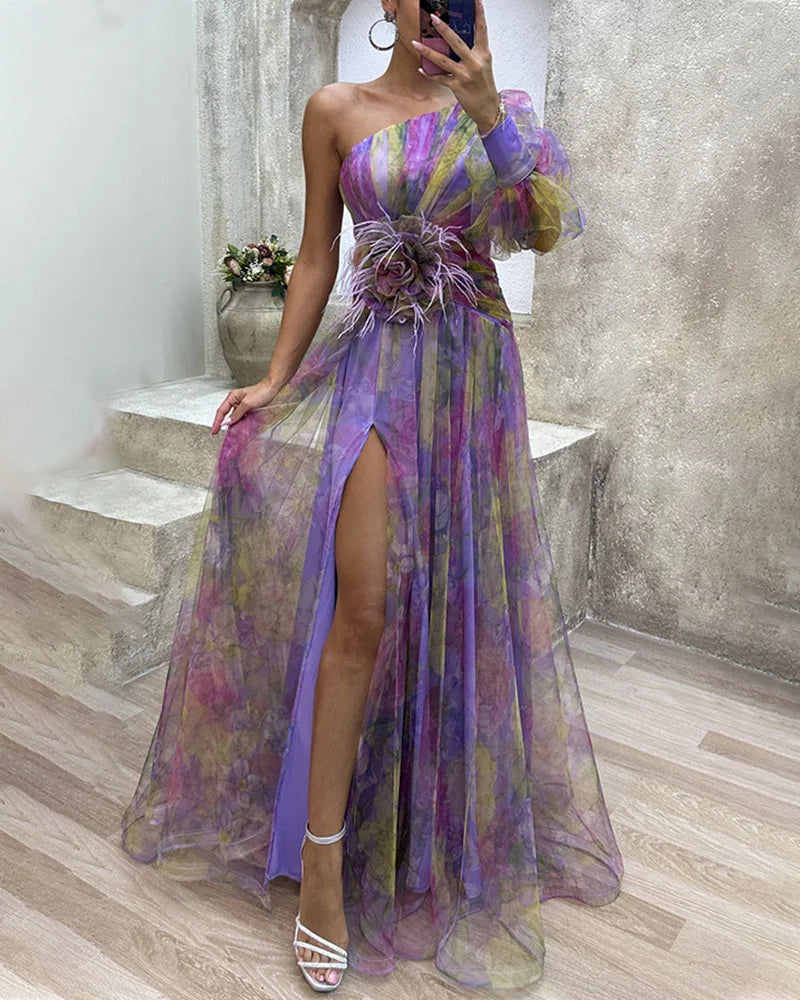 One-Shoulder Evening Gown | Elegant Floral Print Maxi for Formal Events 8
