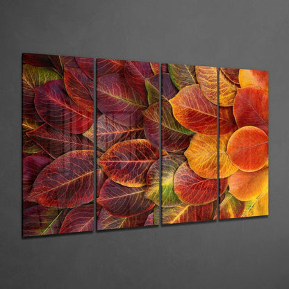 Κόκκινο Σωρός Φθινοπωρινών Φύλλων Fallen 4 Τεμάχια Μεγάλο Γυάλινο Τοίχο Τέχνης