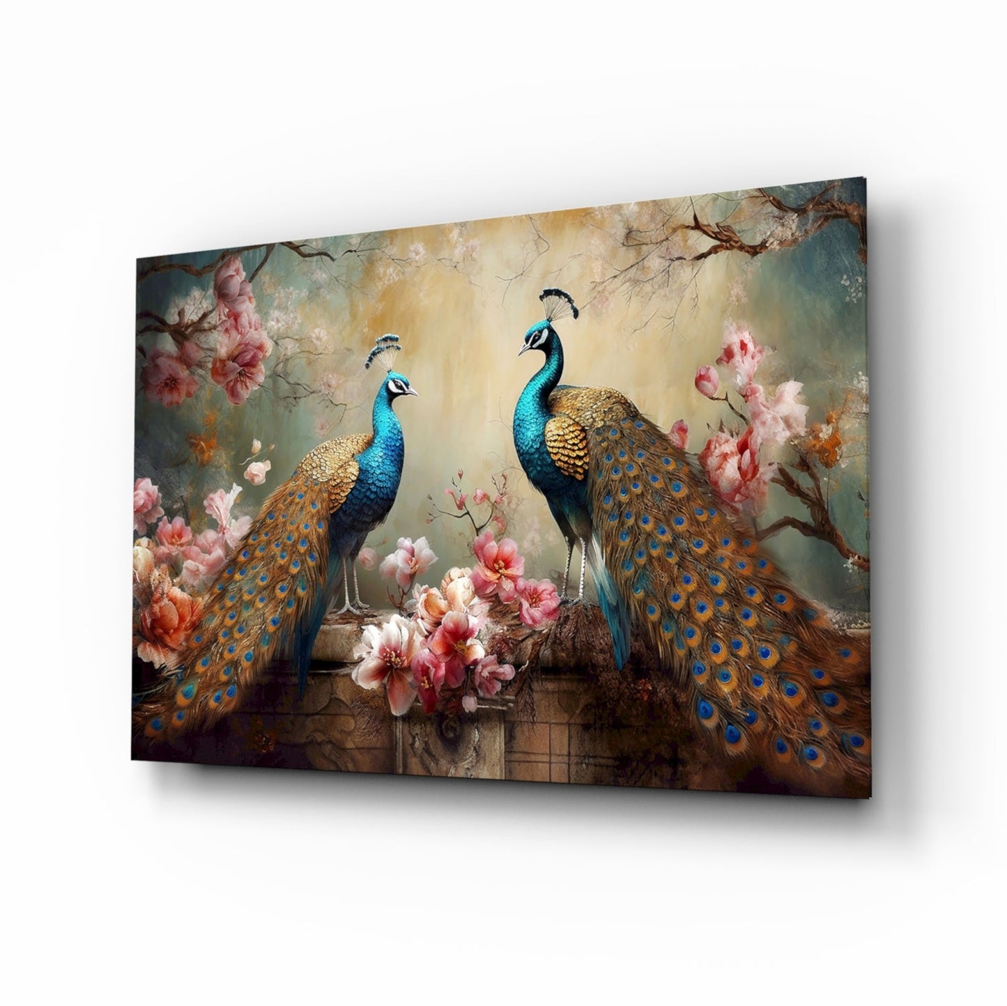 Canvas print of two peacocks and cherry blossoms on a decorative background