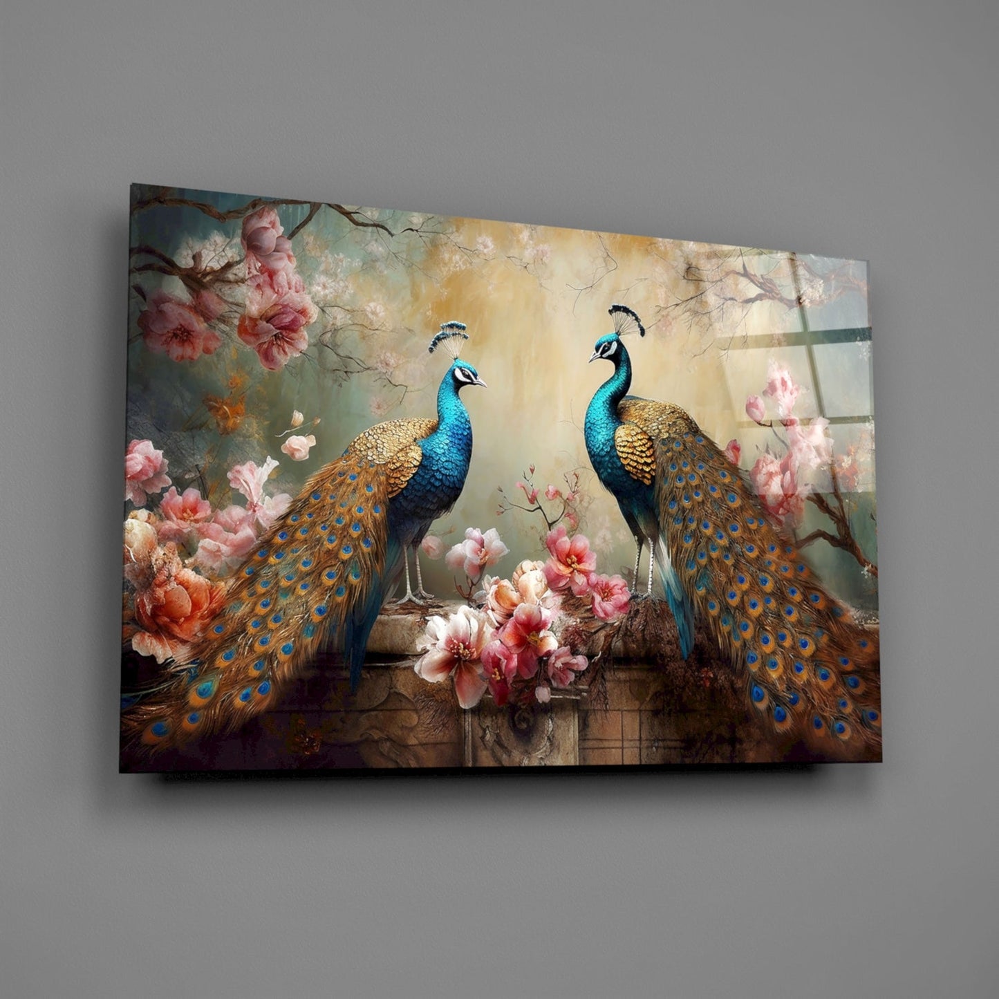Canvas print of two peacocks among flowers on a gray wall.