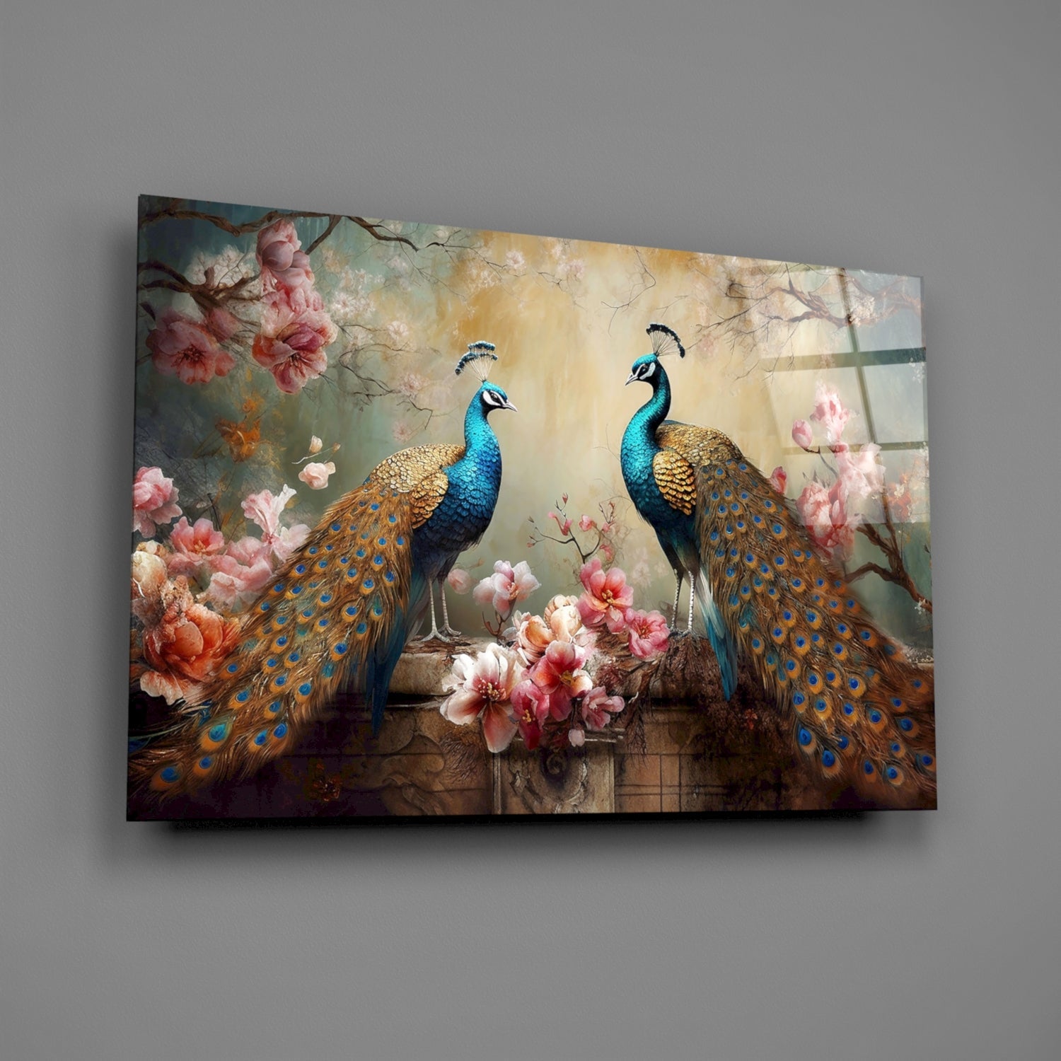 Canvas print of two peacocks among flowers on a gray wall.