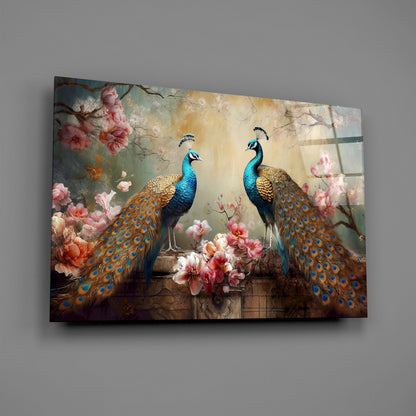Canvas print of two peacocks among flowers on a gray wall.