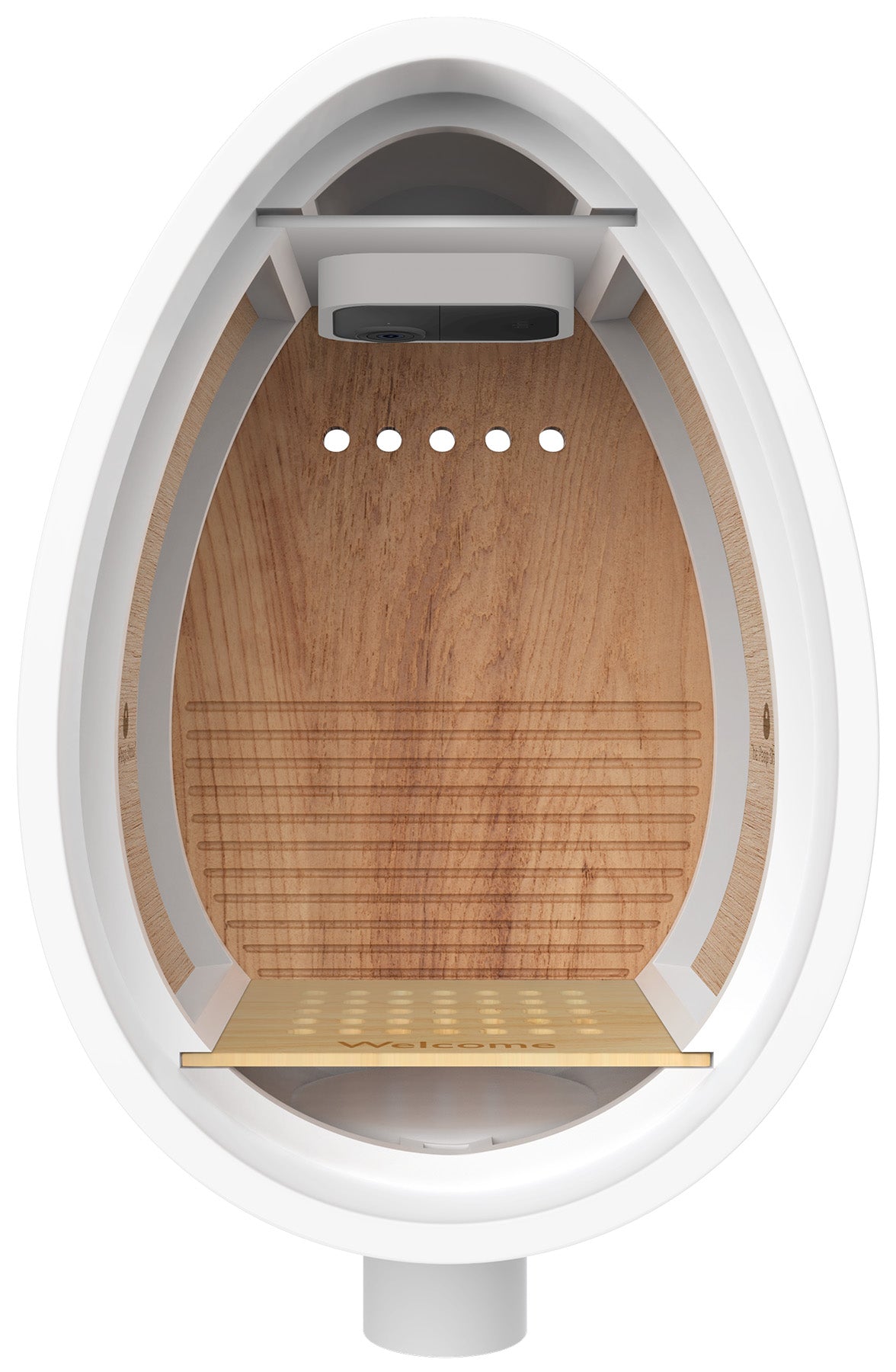 Small, oval-shaped sauna with wooden interior and white exterior on a white background