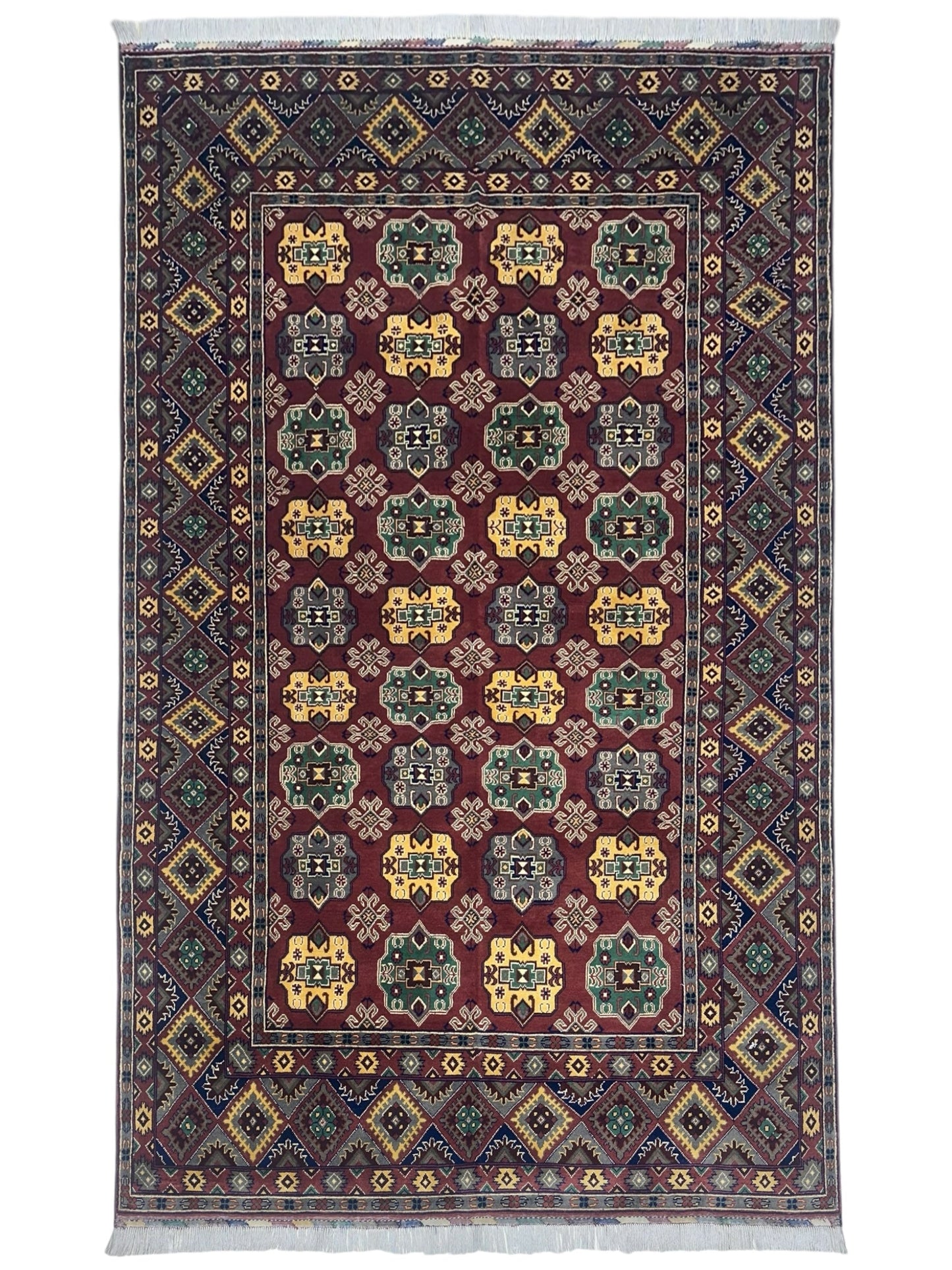 Håndknyttet afghansk turkmensk ullteppe – 6’5″ x 9’9″
