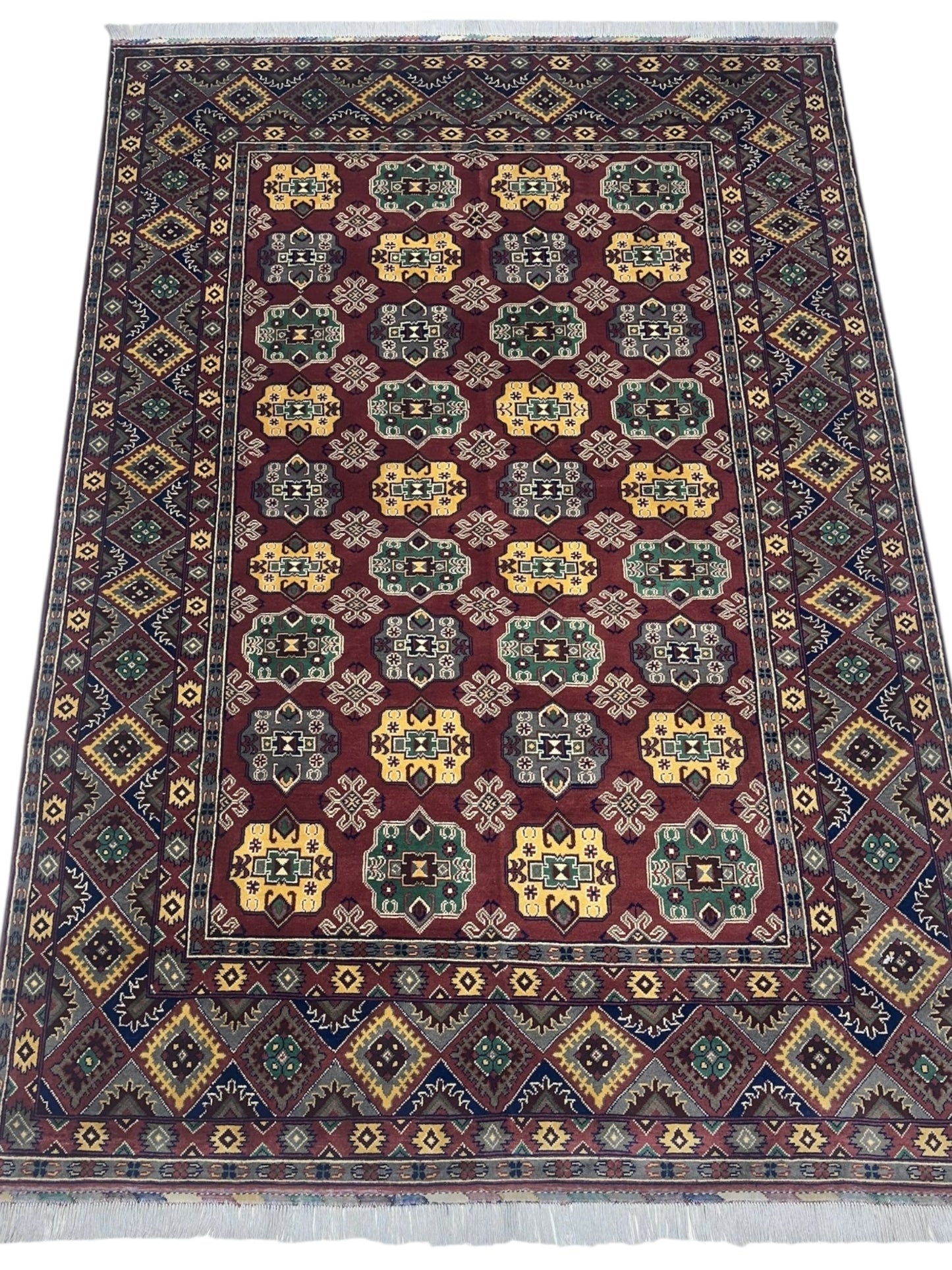 Håndknyttet afghansk turkmensk ullteppe – 6’5″ x 9’9″