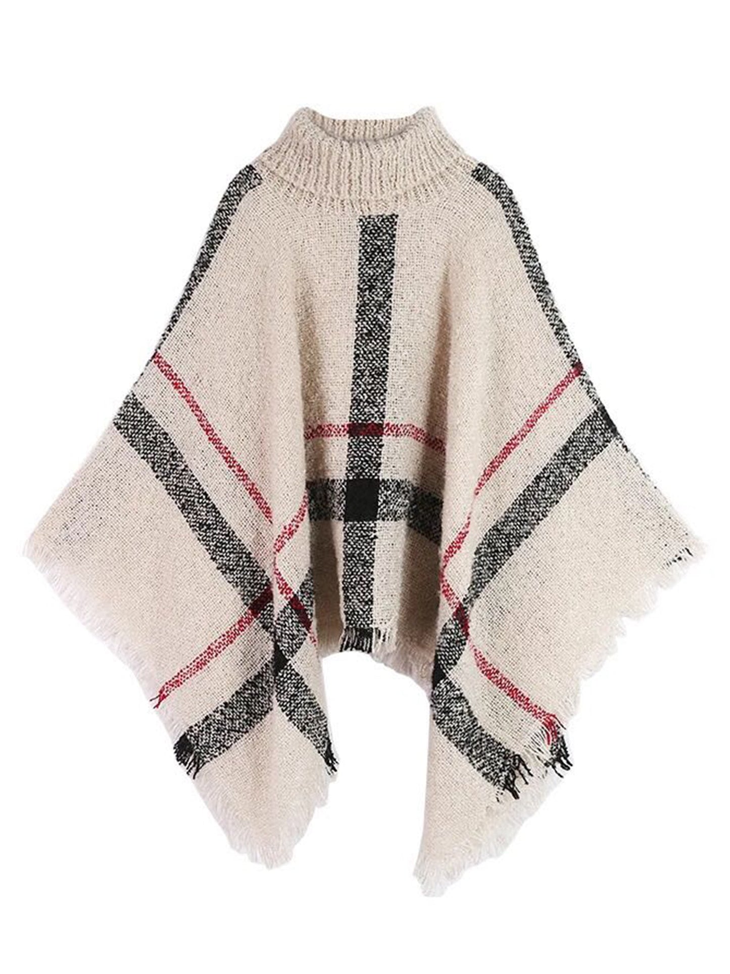 Plaid Turtleneck Cape Sweater | Cozy Acrylic Fabric with Versatile Fit 0