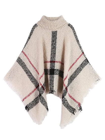 Plaid Turtleneck Cape Sweater | Cozy Acrylic Fabric with Versatile Fit 0