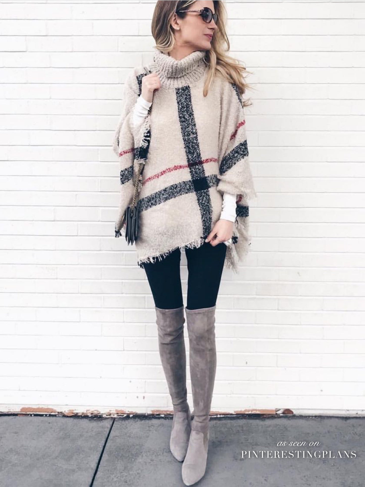 Plaid Turtleneck Cape Sweater | Cozy Acrylic Fabric with Versatile Fit 2