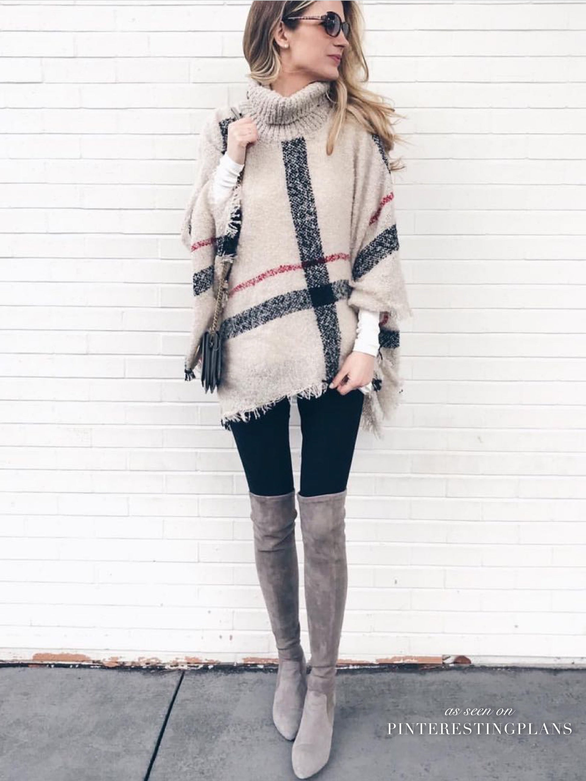 Plaid Turtleneck Cape Sweater | Cozy Acrylic Fabric with Versatile Fit 2