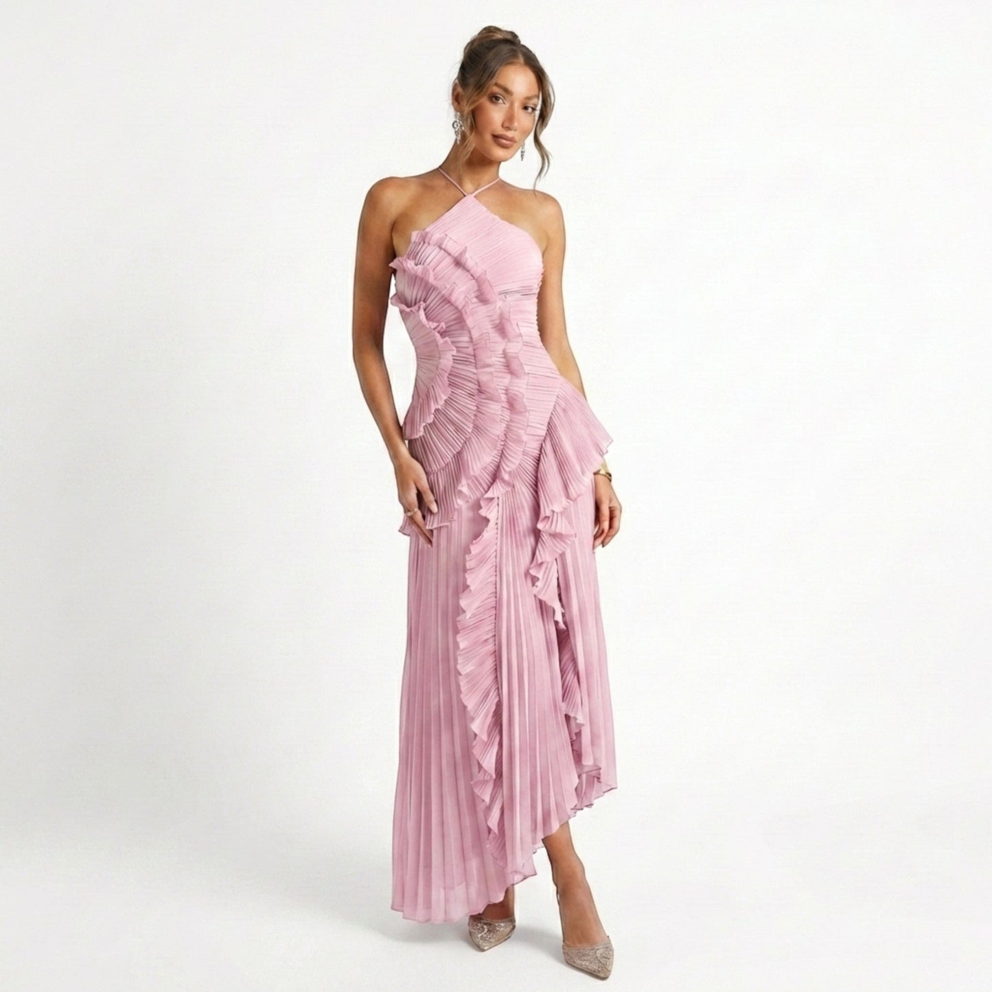Pleated Maxi Dress | Halter Neck Ruffled Design for Summer Events 0