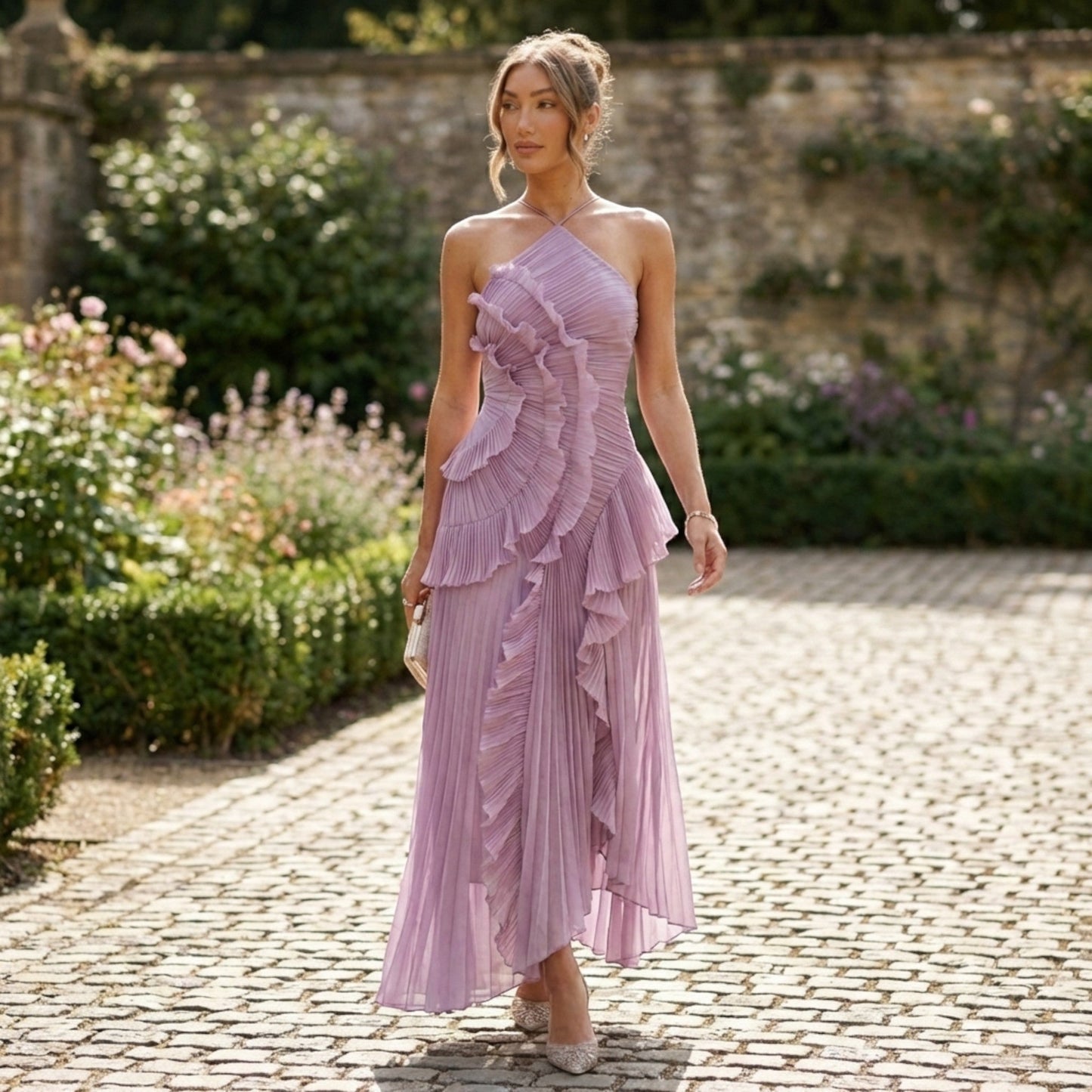 Pleated Maxi Dress | Halter Neck Ruffled Design for Summer Events 1