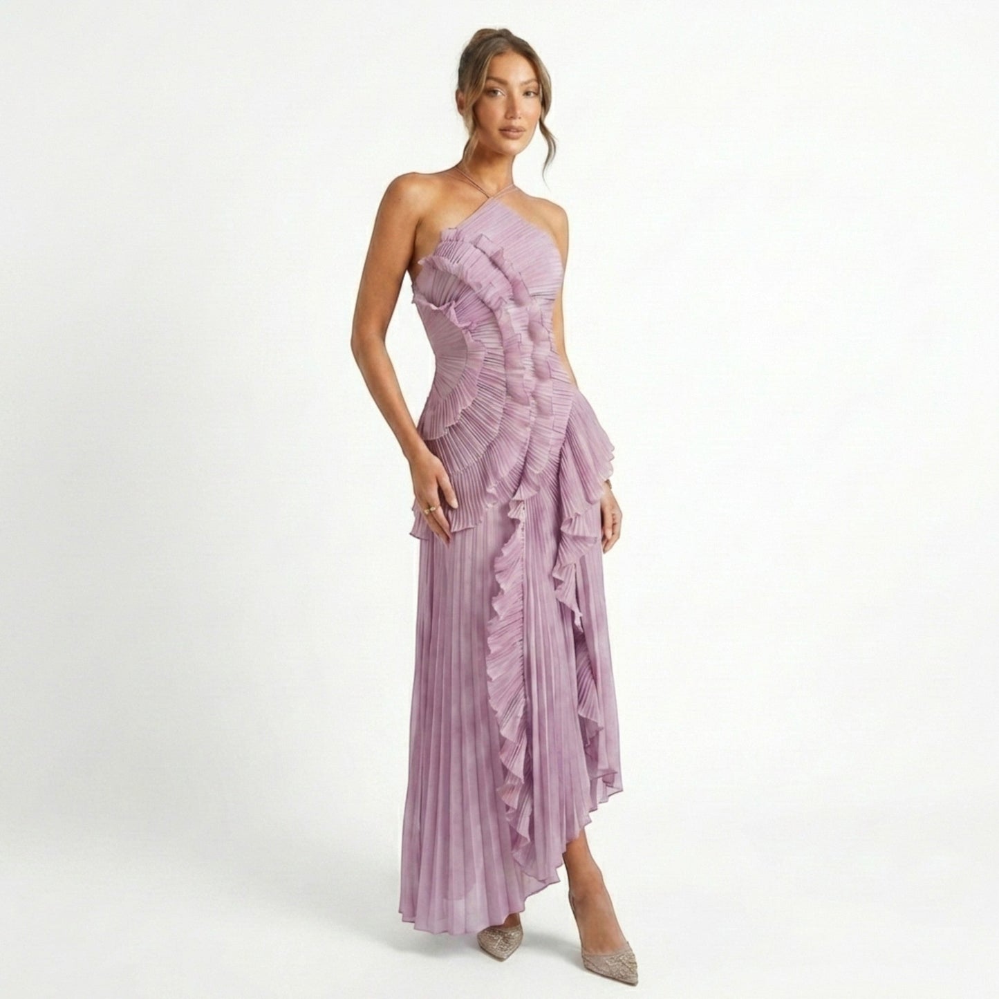 Pleated Maxi Dress | Halter Neck Ruffled Design for Summer Events 2