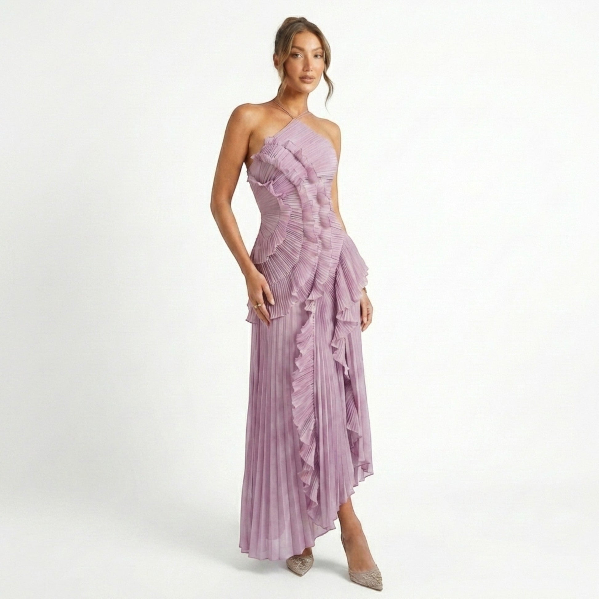 Pleated Maxi Dress | Halter Neck Ruffled Design for Summer Events 2