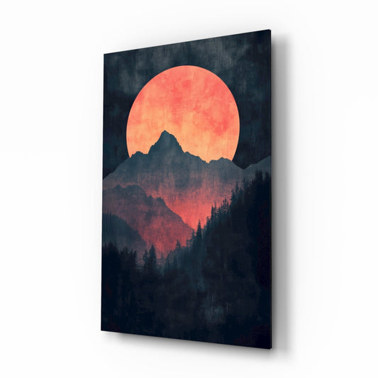 Canvas print of a mountain landscape with a large orange sun.