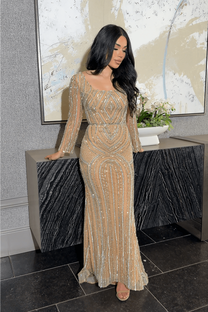 Vestito Modesto Reema con Paillettes, Scollo Quadrato, Maniche Lunghe, Decorato