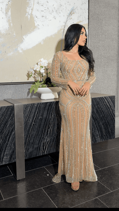 Vestito Modesto Reema con Paillettes, Scollo Quadrato, Maniche Lunghe, Decorato