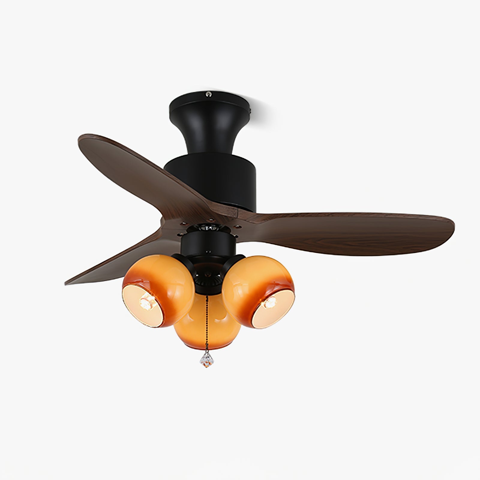 Retro Ceiling Fan Light | Walnut Blades & Amber Glass Shades 1