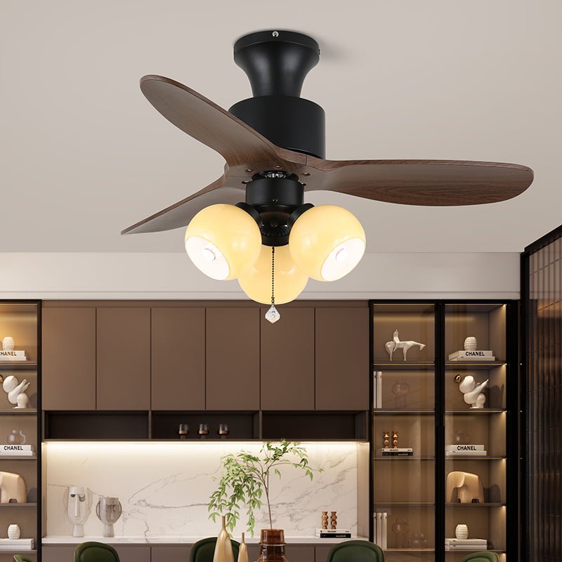 Retro Ceiling Fan Light | Walnut Blades & Amber Glass Shades 4