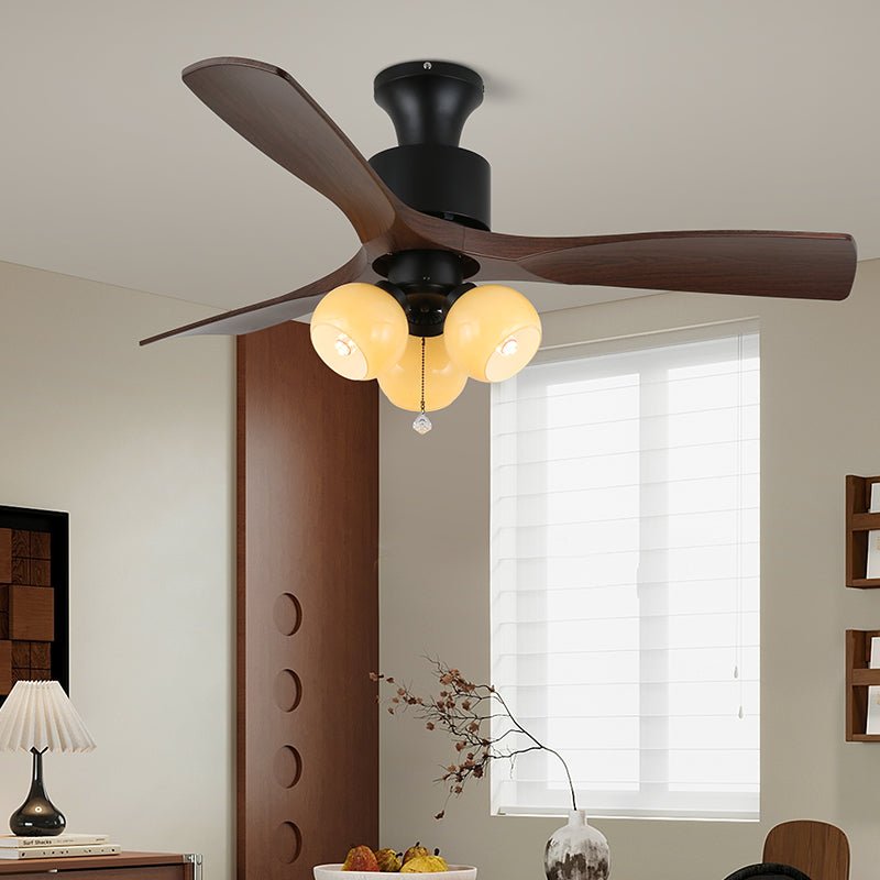 Retro Ceiling Fan Light | Walnut Blades & Amber Glass Shades 7
