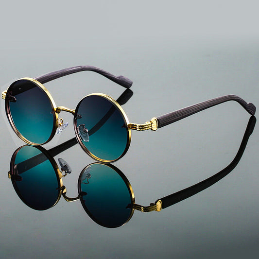 Retro Round Sunglasses | UV 400 Protection with Stylish Wood-Like Temples 0
