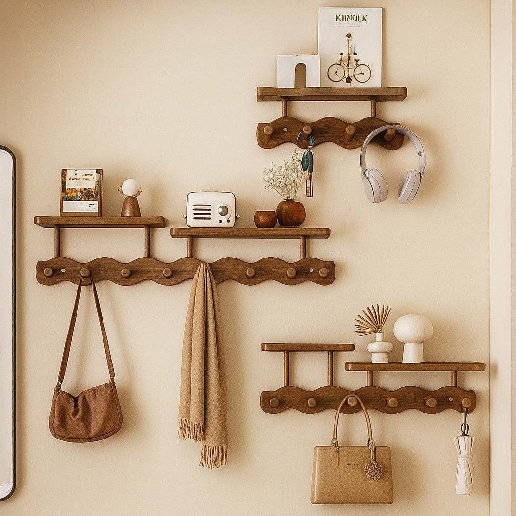 Ripple Collection | Wall Mounted Coat Rack with Shelf & Hooks | Stylish Bamboo Organizer for Entryways 0