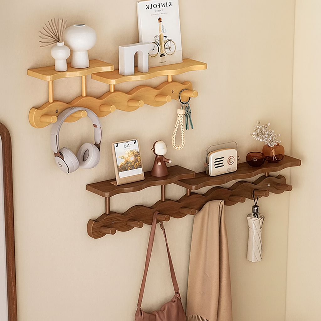 Ripple Collection | Wall Mounted Coat Rack with Shelf & Hooks | Stylish Bamboo Organizer for Entryways 1