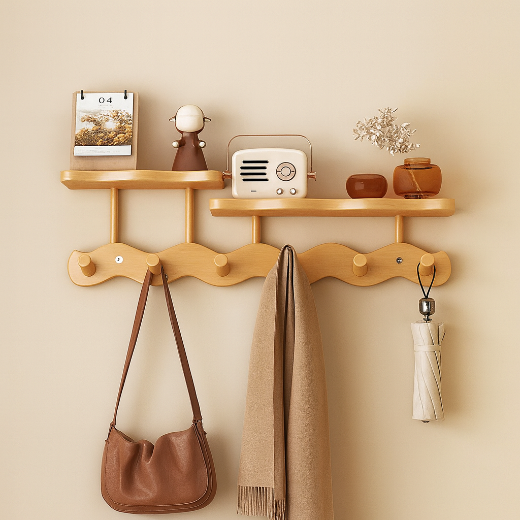 Ripple Collection | Wall Mounted Coat Rack with Shelf & Hooks | Stylish Bamboo Organizer for Entryways 2
