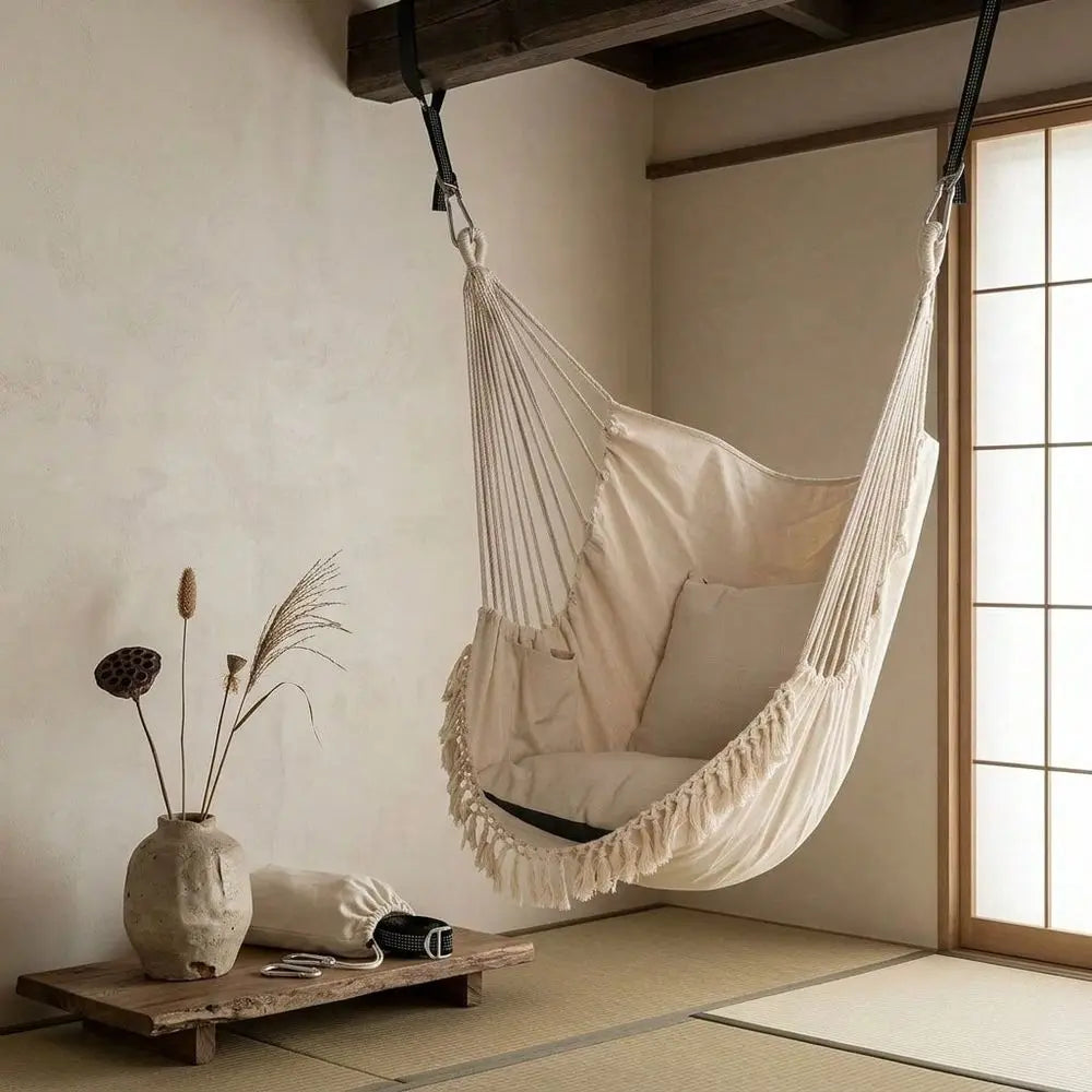 Boho macramé hængekøjestol med polstret sæde
