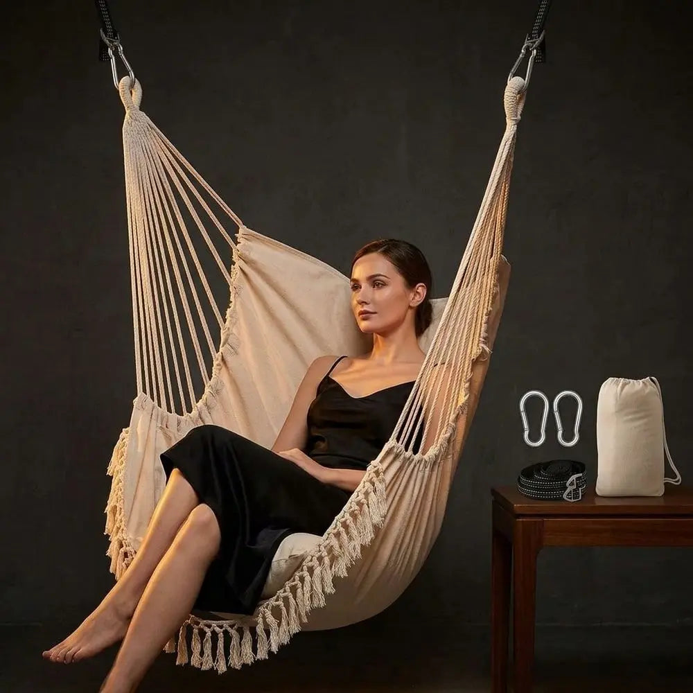 Boho macramé hængekøjestol med polstret sæde