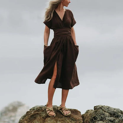 ALMA | V-Neck High Waist Linen Dress