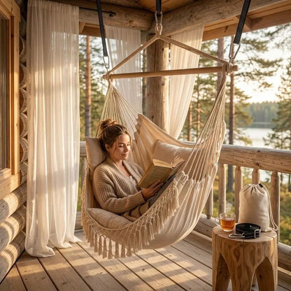 Boho macramé hængekøjestol med polstret sæde