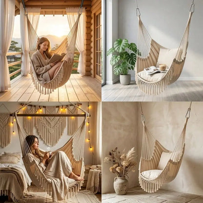 Boho macramé hængekøjestol med polstret sæde