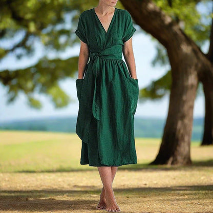 ALMA | V-Neck High Waist Linen Dress