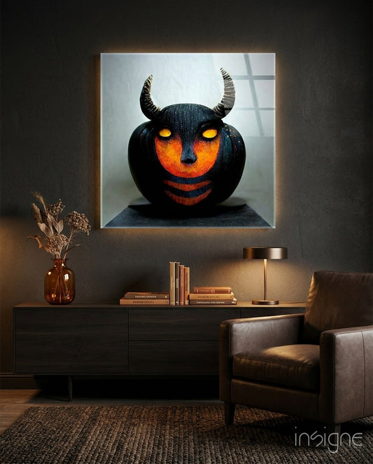 Framed artwork of a pumpkin with glowing eyes and horns in a dimly lit room.