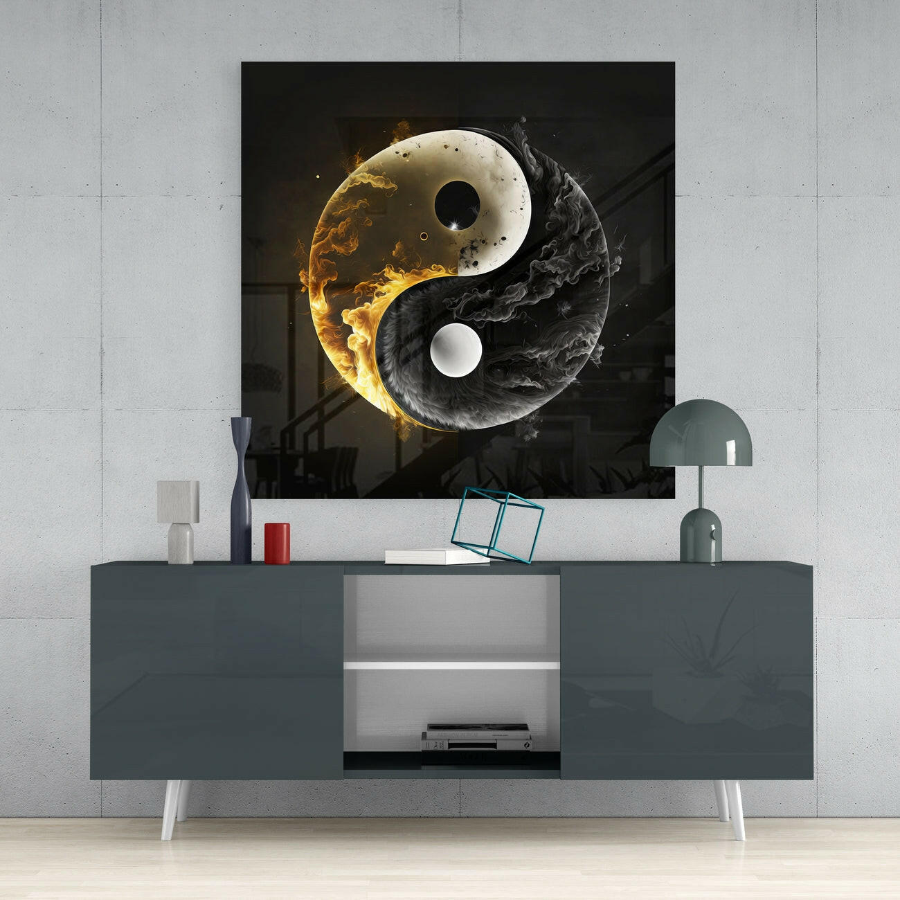 Skleněné nástěnné umění Zlatý plamen a kouř Yin Yang
