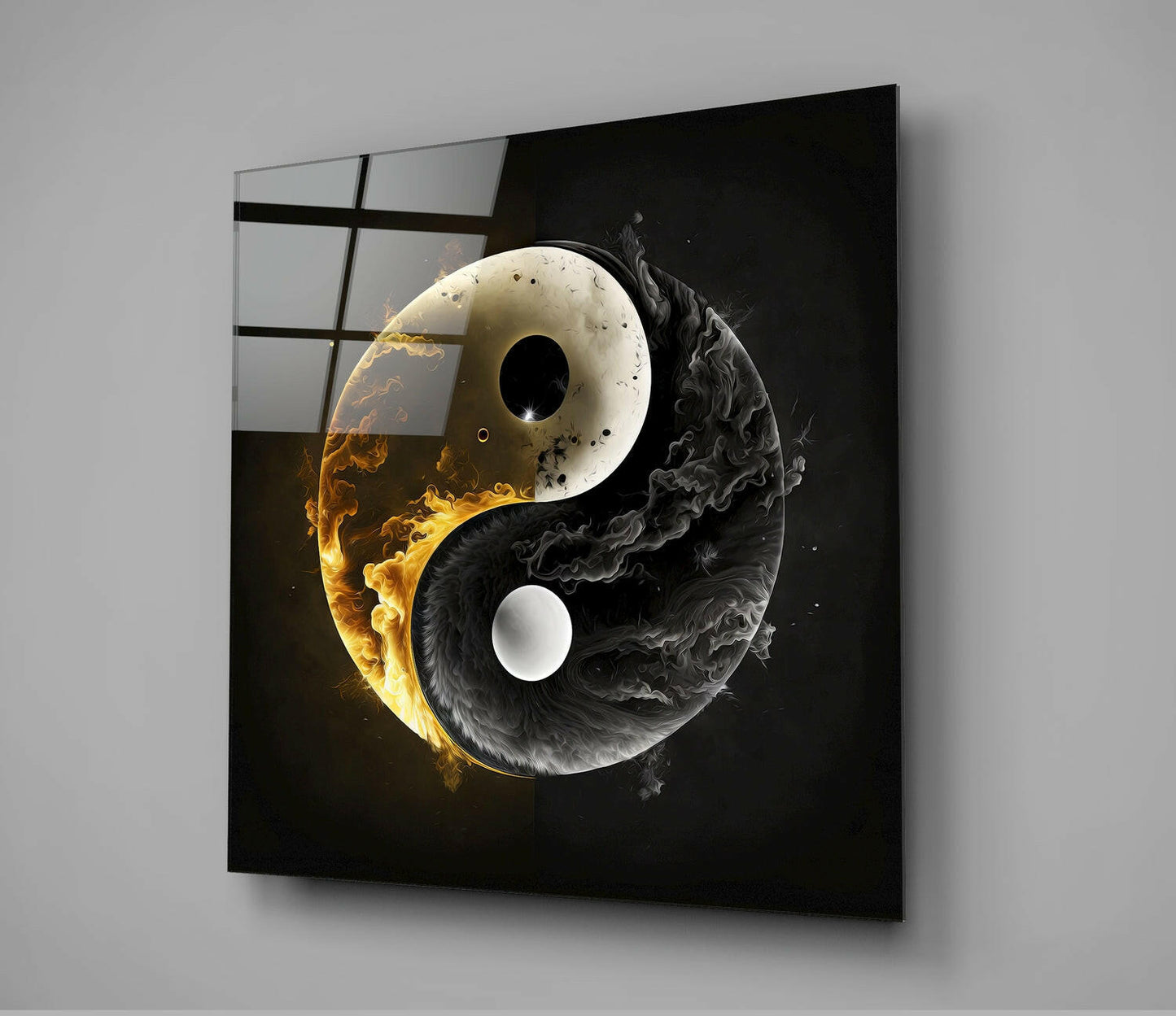 Skleněné nástěnné umění Zlatý plamen a kouř Yin Yang