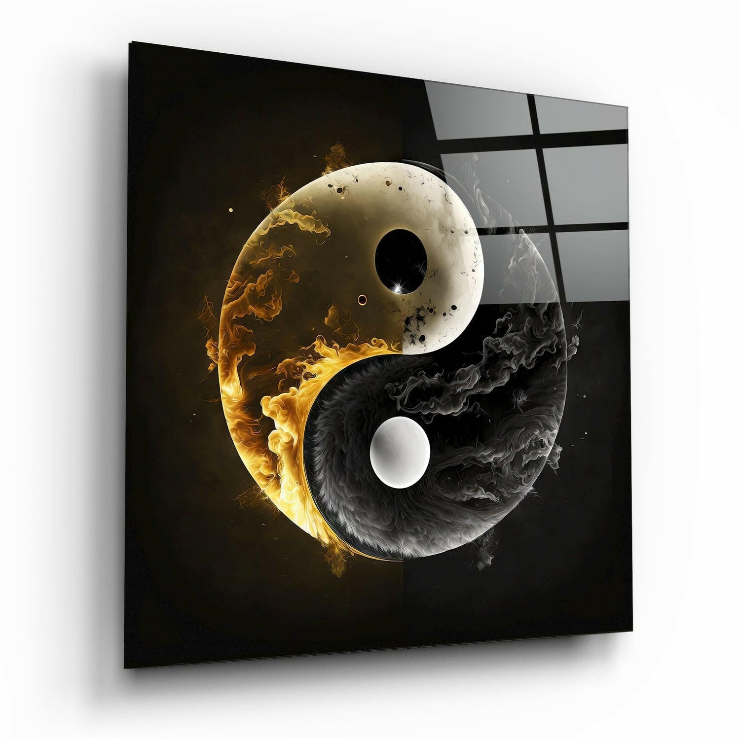 Skleněné nástěnné umění Zlatý plamen a kouř Yin Yang