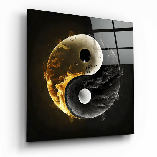 Arte de pared de vidrio Yin Yang de llama dorada y humo