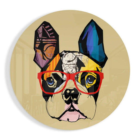 Pop Art Bulldog Red Glasses Glass Wall Art