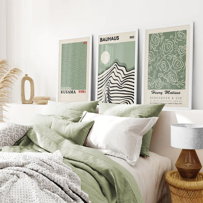 Sage Green Exhibition Art Set of 3 Prints. Bauhaus, Kusama, Matisse